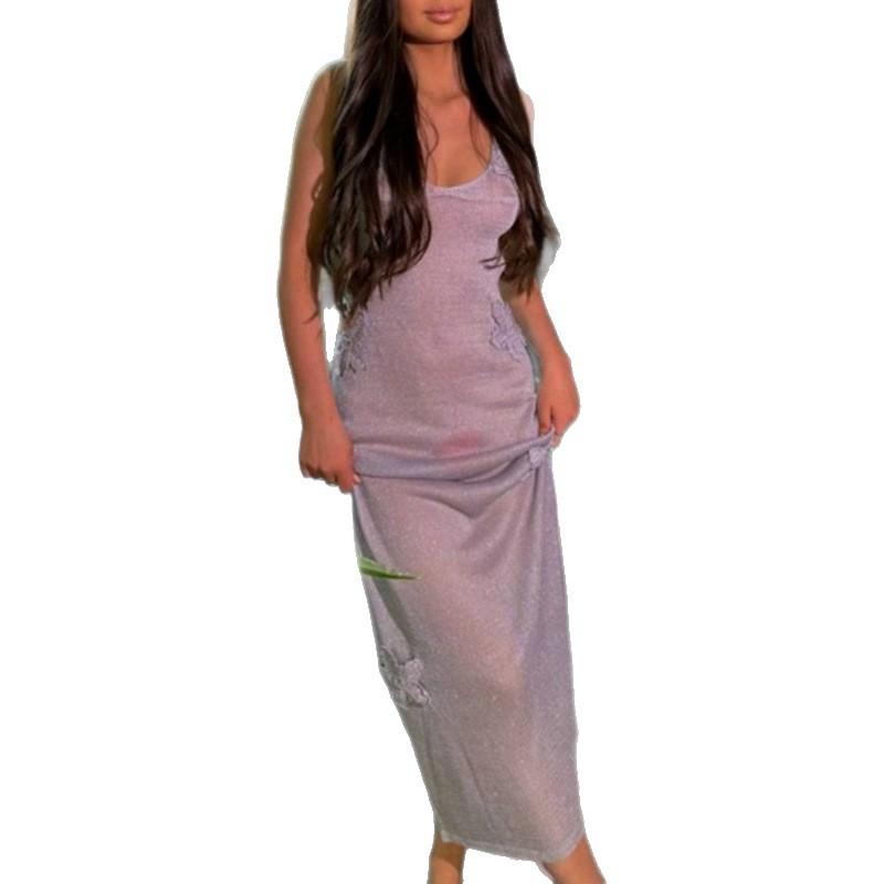 Neuer Stil von glitzerndem Chiffon Tiefes V Schwebendes Applikationskleid, Nachtclub Rückenfreies Neckholder Strick-Langkleid