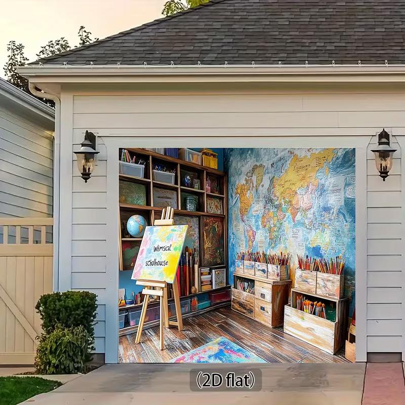 2D Classroom Art Studio Background, Painter's Easel & World Map Backdrop