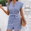 Summer Casual Striped Jumpsuit - Women's Short Sleeve Jumpsuit with Shorts, European & American Style for Trendy Commutes