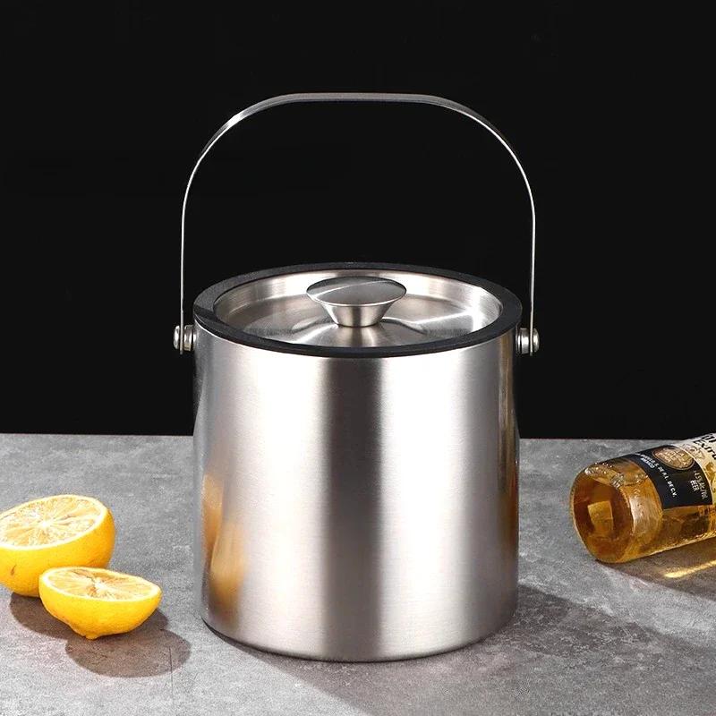 3/4L Stainless Steel Insulated Ice Bucket Double Walled Beverage Tub Comfortable Carry Handle Ice Container Bar Tools