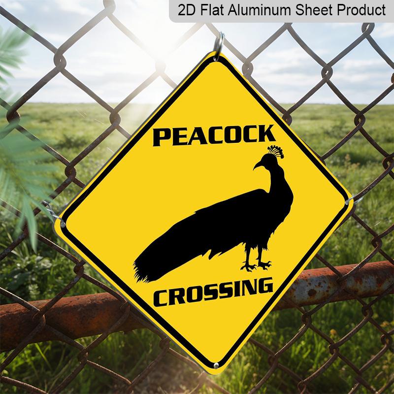 2D Flat 1pc, Funny Peacock Crossing Sign - Heavy-Duty Iron Metal Plaque with Peacock & Rooster Design Suitable for Indoor/Outdoor Use - Farmhouse