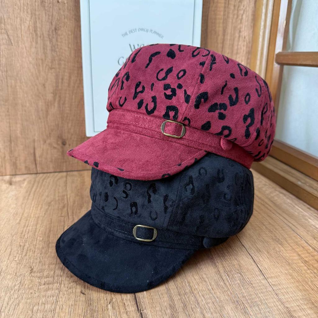 American retro leopard print beret women's autumn and winter four seasons big head circumference showing face small octagonal hat fashionable literary