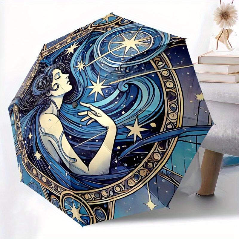 1pc Celestial Mermaid Automatic Open/close Folding Compact Umbrella, 8-Rib Sturdy Canopy, Lightweight Portable, Everyday Use, Gift,069