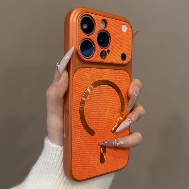 

Retro Denim Jeans Fabric For Magsafe Wireless Charge Case For iPhone 17 16 15 14 13 12 Pro Max Magnetic Matte Shockproof Cover iPhone17 помаранчевий
