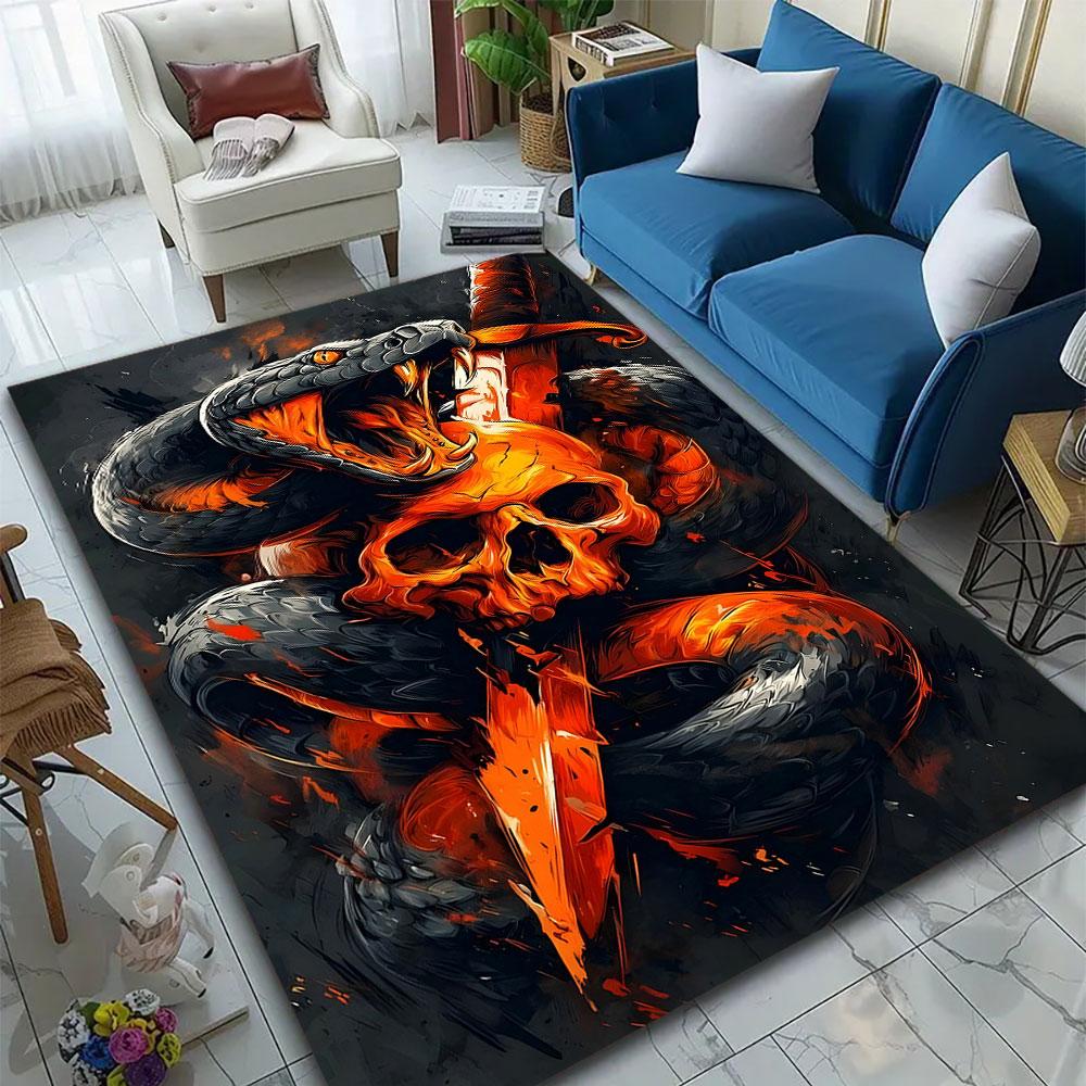 Fiery Snake and Skull with Sword Patterned carpet, suitable as a non slip play mat for the living room and bedroom sofa