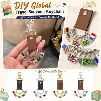 DIY World Travel Souvenir Keychain Leather Strap with Multiple Country Flag Charms Metal Key Holder Gift Accessory