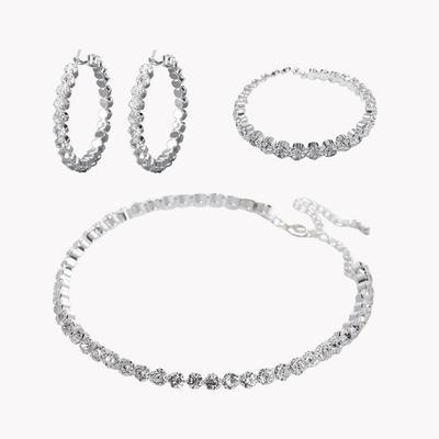 Niche Full Diamond Necklace Earrings Bracelet Three-piece Set Metal Flower Hollow Collar Bridesmaid Bride Suit Women