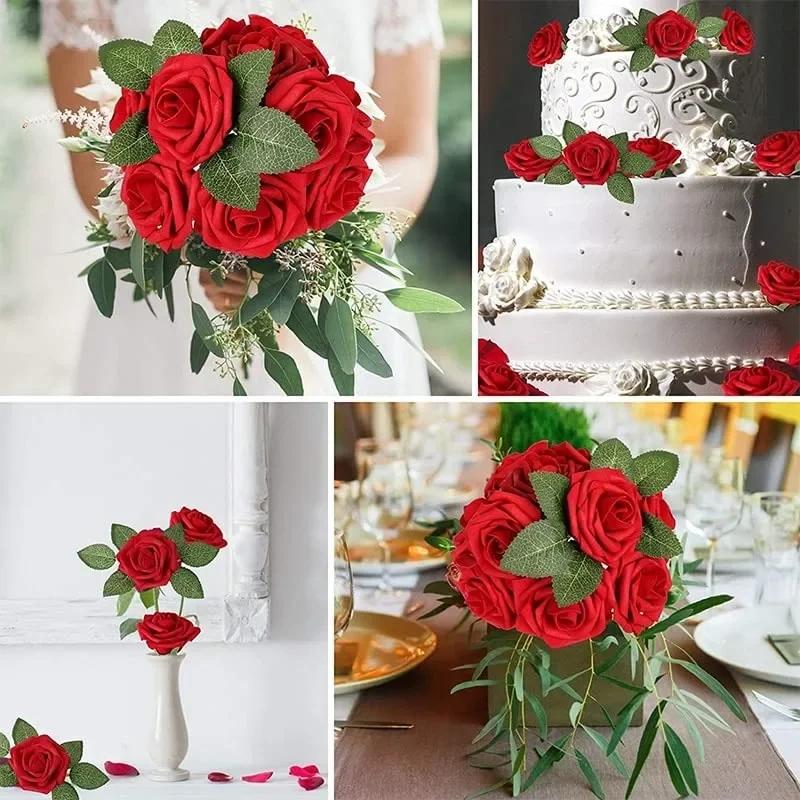 30/5Pcs Artificial Roses Flowers Foam Fake Rose Heads With Stems For DIY Wedding Bouquets Home Party Tables Decorations Supplies