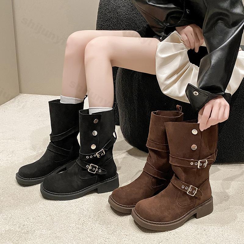 Vintage Women Western Cowgirl Boots Fashion Belt Buckle Shoes New 2024 Autumn Winter Thick Heel Ladies Knight Mid Calf Booties