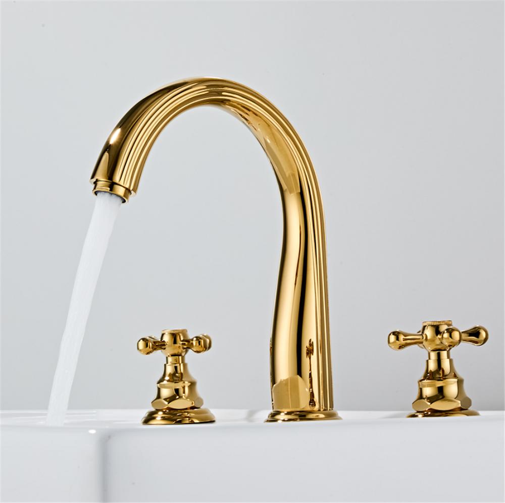 

Tuqiu Gold Bathroom Faucet Widespread Sink Tap Brass Basin Faucet Sink Faucet 3 Hole Crystal Handle Hot & Cold Water Tap