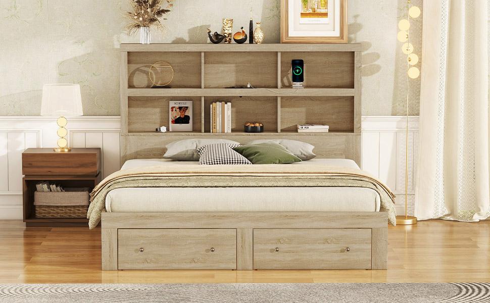 160*200cm Double Bed, Chipboard, King Size Platform Bed with Two Drawers at the Foot of the Bed, Headboard with Storage, Natural