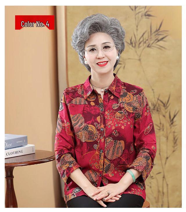 Summer Cotton Silk Cardigan for Elderly Women, 70s Grandma Seven-Sleeve Top Shirt