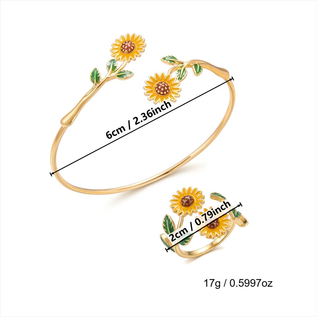 Women's Bracelet and Ring Set, Alloy Enamel Camellia Open Bracelet and Ring Set