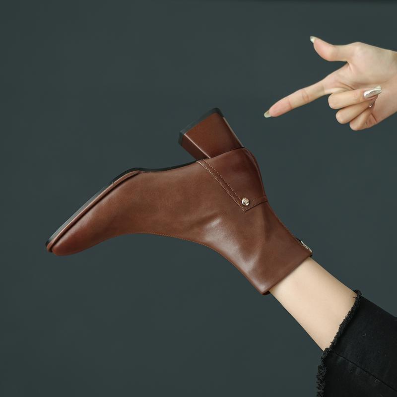 Fashion Women's new autumn square toe genuine leather cowhide calf metal rivet zipper high heel plus small size Chelsea short boots