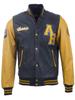Men's Real Leather College Baseball Jacket (VZH7) - Navy Blue & Yellow
