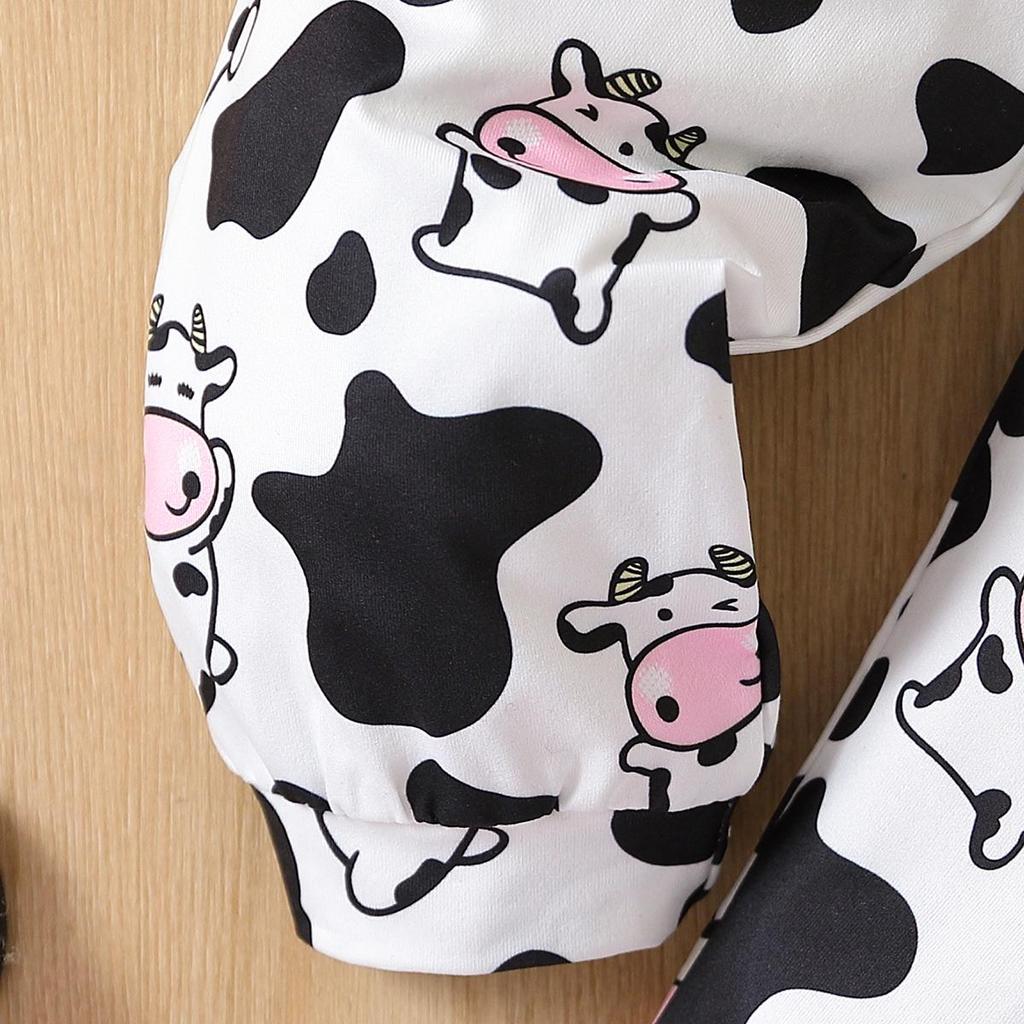 Little Girl 2PCS Set 1-8 Years Old Pink Sweatshirt and Cow Print Long Pants Kids Casual Daily Wear or Pajamas Set