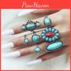 Retro Turquoise Inlay Feather Leaf Ring Collection Trendy And Personalized 8-piece Ring Set