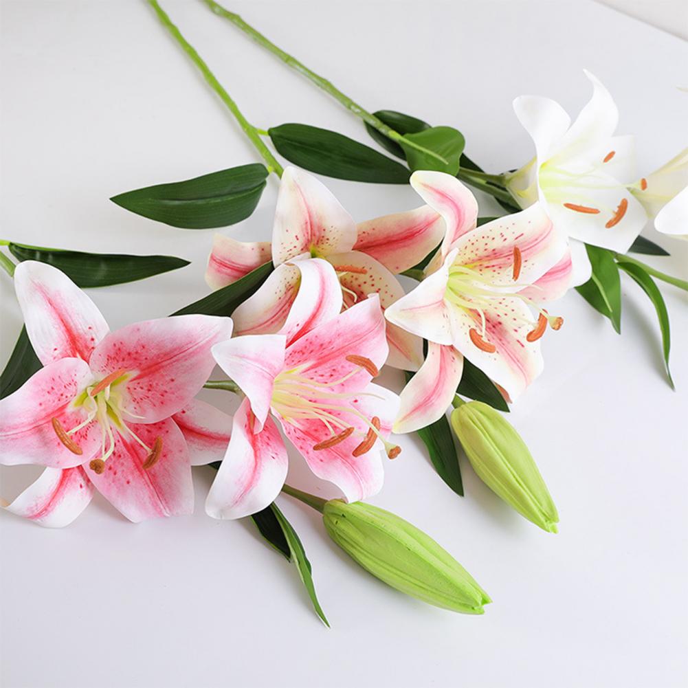 Artifical Lily Flowers with 3 Heads Full Bloom Long Stem Fake Flower Branch for Wedding Party Bouquet Home Hotel Office Decor