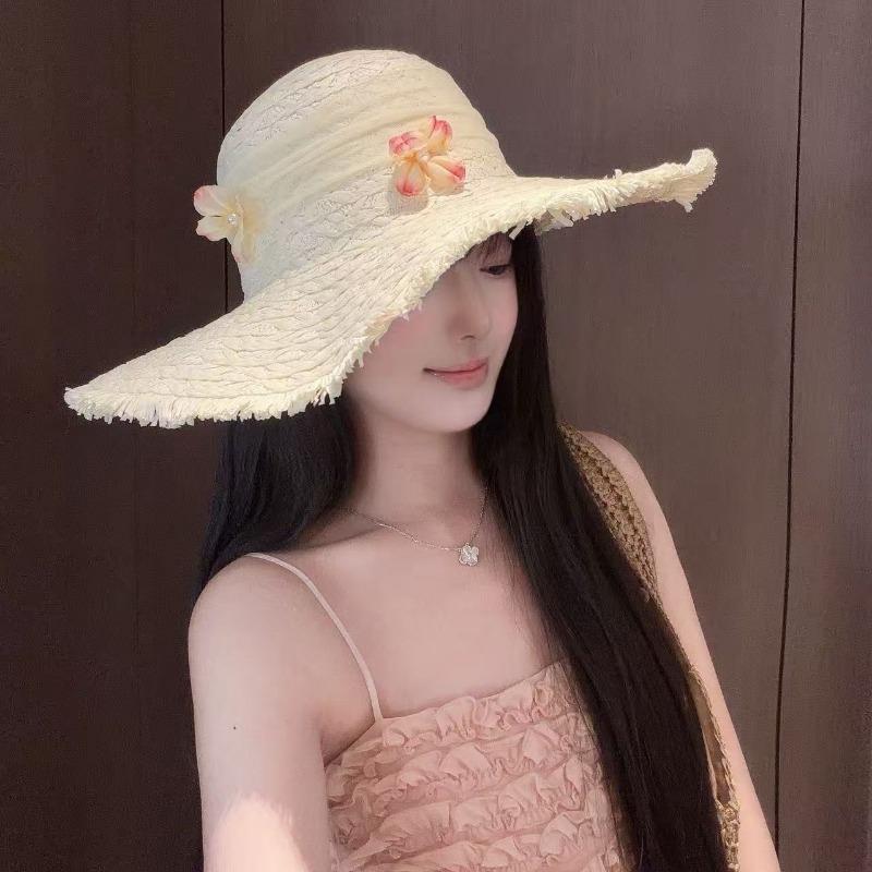 Women Frayed Brim Woven Bucket Hat Fabric Flower Decor Lightweight Foldable Beach Travel Uv Sun Shade Cap бежевый