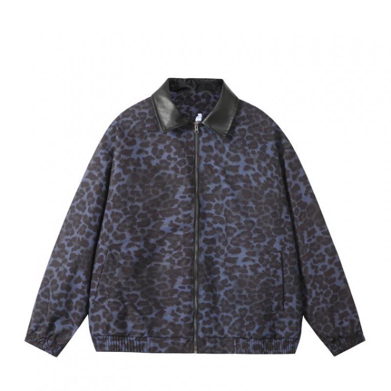 Unisex Retro Leopard Print Spliced Leather Jacket - Trendy, Loose-Fit Streetwear