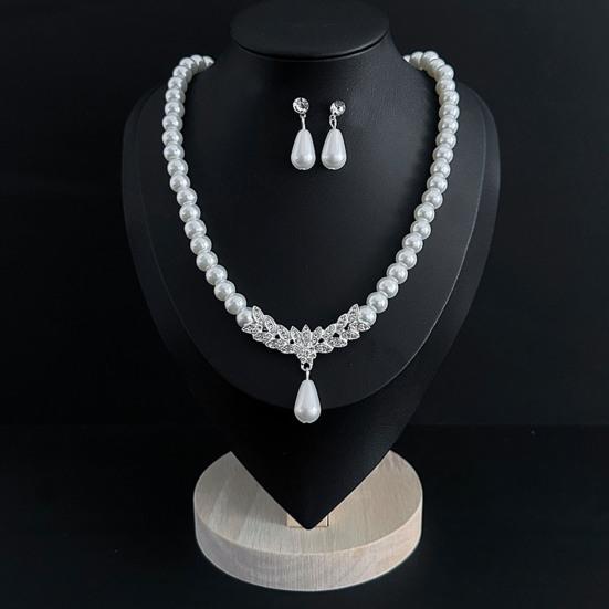 2Pcs/Set Imitation Pearl Jewelry Set Retro French Style Blue Waterdrop Faux Gem Charm Necklace Earrings Set