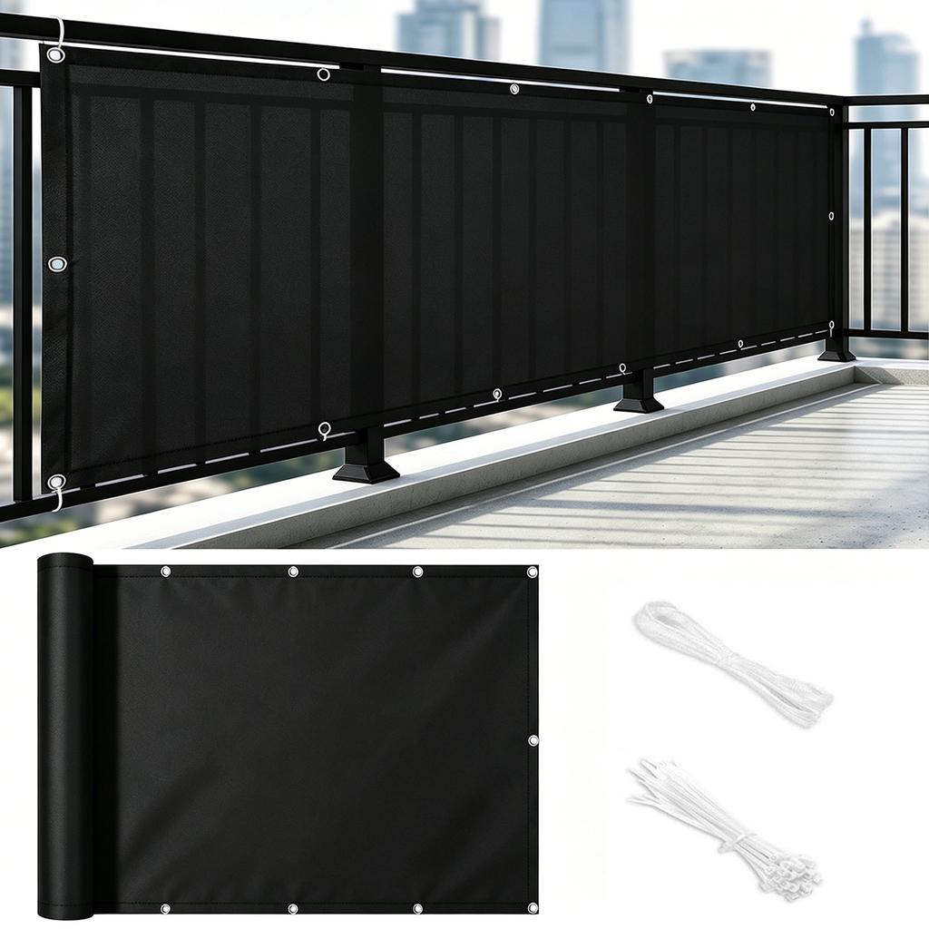 Balcony Privacy Screen, Outdoor Sunshade Fabric, Garden Fence Cover, Apartment Railing Protector with Rope Tie-Downs - Black