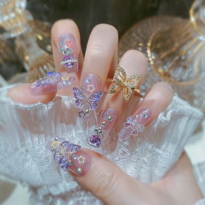 Unhas Postiças Médias Coffin com Designs de Strass Reutilizáveis Cobertura Completa Colar Unhas Falsas Postiças Artificiais Unhas Adesivas para Mulheres