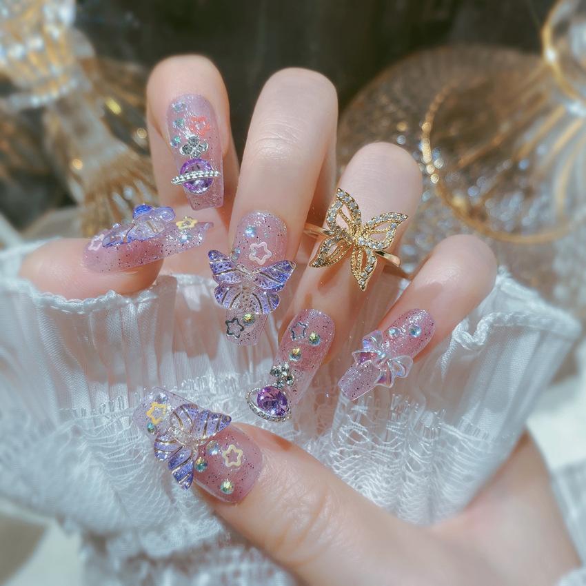 Medium Coffin Press On Nails with Rhinestones Designs Reusable Full Cover Glue On Fake Nails Press Ons Artificial False Nails Stick On Nails for Women