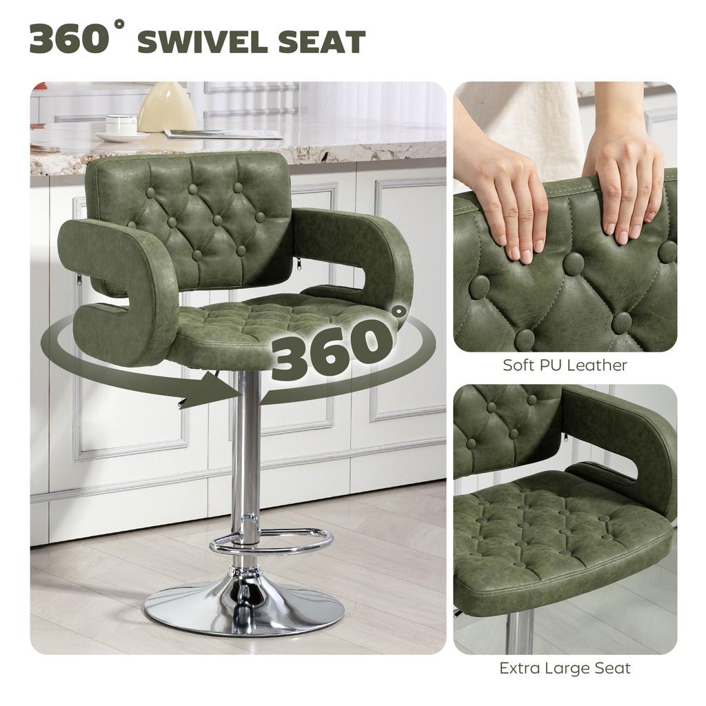 PU Leather Upholstered Swivel Bar Stool, Height Adjustable with Back, Armrest, Footrest, Green