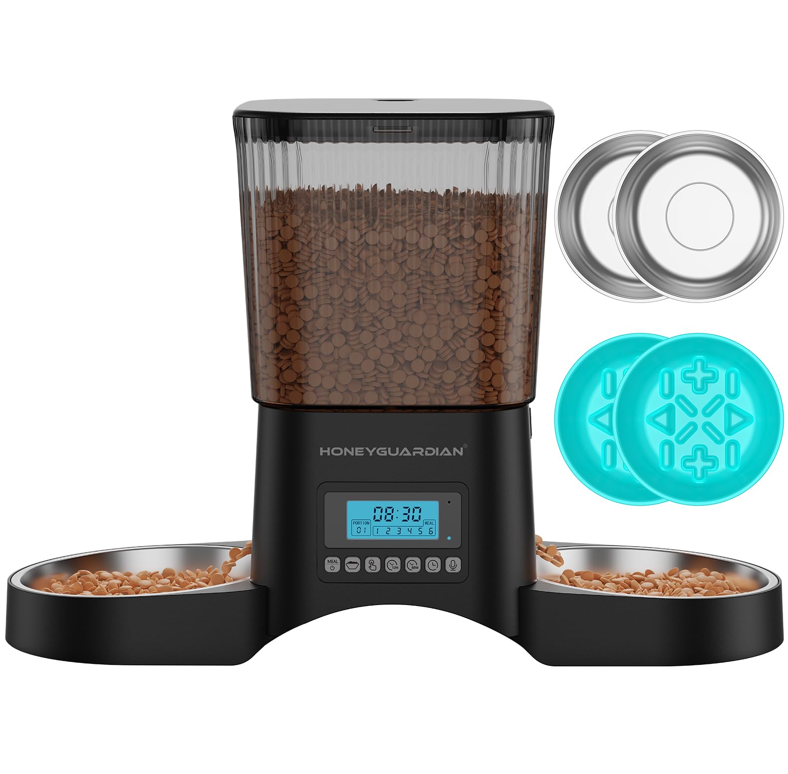 

Автоматическая кормушка HoneyGuardian для кошек и крупных животных, 2 миски из нержавеющей стали, запись голоса, ручное кормление, двойное питание, идеально для когда черные собаки, чёрный