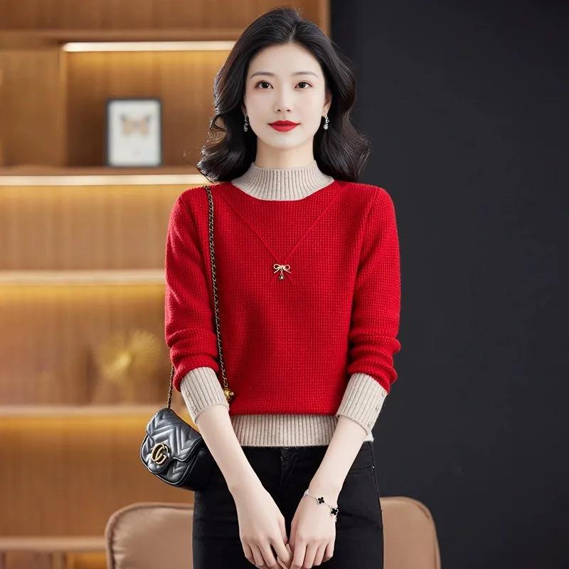 New semi-turtleneck winter women's red bottoming shirt fashion color matching loose knitted top autumn and winter sweater