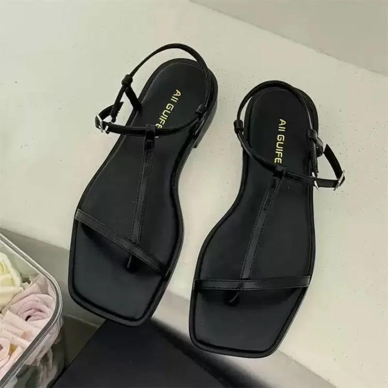 

Женская обувь 2024 Новые сандалии на ремешке вокруг щиколотки Летние сандалии с перемычкой для пальца и пряжкой Однотонные повседневные пляжные сандалии на плоской подошве Zapatos De Mujer 40 чёрный