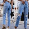 Women Button High Waist Pocket Elastic Hole Jeans Trousers Slim Denim Pants