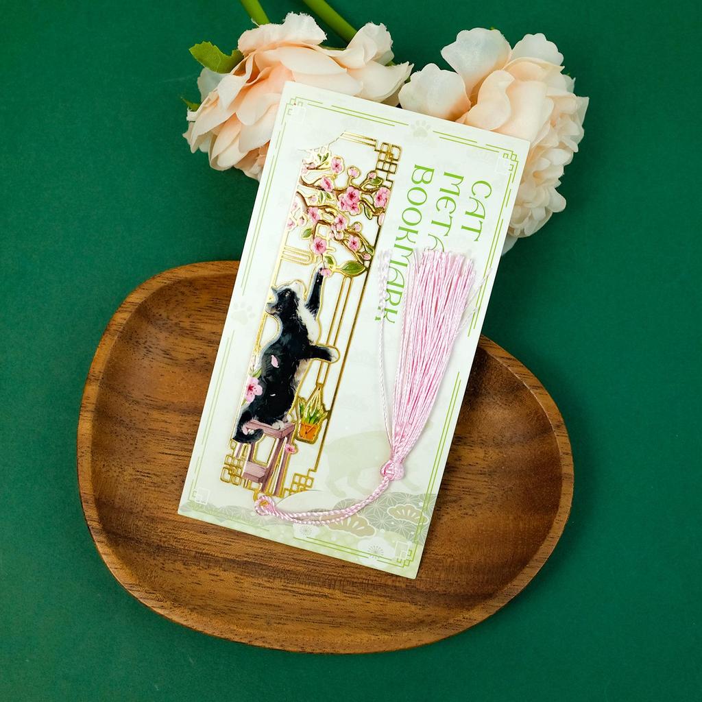 Cute Cat Four Seasons Chinese Metal Bookmark - Cultural Gift, Creative Hollow-out Design, Reading & Journal Decoration.