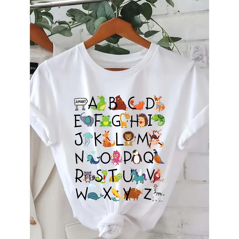 

European Size Women S Alphabet Print T-Shirt, Casual Crew Neck Short Sleeve Top, Polyester Knit Fabric, Regular Length, All Seasons, 200gsm S белый