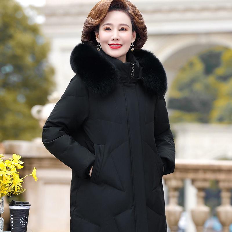 Dámská péřová bunda střední délky v korejském stylu s límcem z pravé kožešiny - Módní pro střední a starší věk
