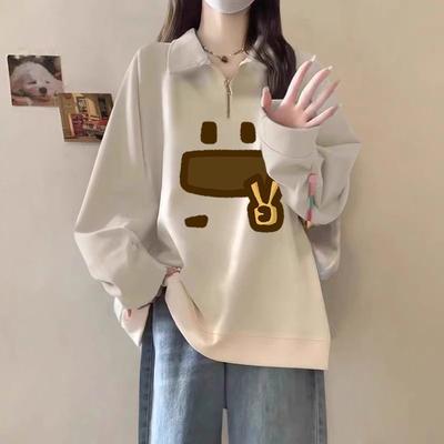 Cotton American Plus Size Slimming Sweatshirt with Lazy Polo Collar New Loose Half Zipper Cover for the Belly Outerwear On Top