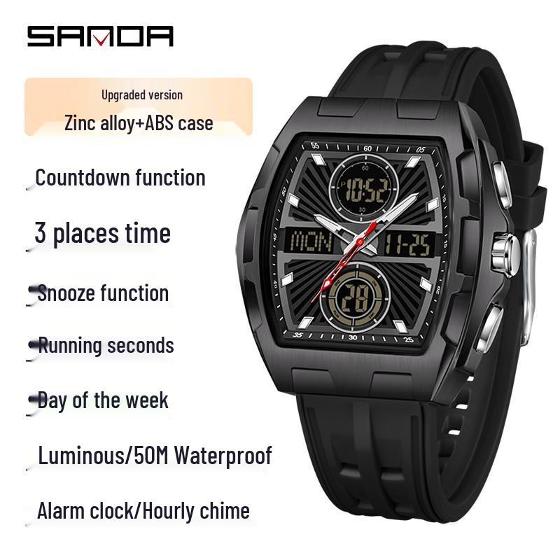 Sanda Classic Dual-Movement Multifunctional Waterproof Watch with Three-Timezone Alarm and Calendar.