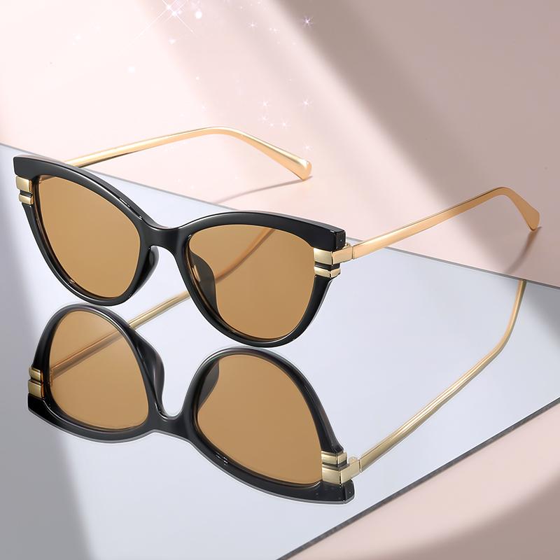 Fashion Cat Eye Sunglasses with Black Top Frame, Red Patterned Lower Frame, Gold Metal Arms, and Gradient Brown Lenses For