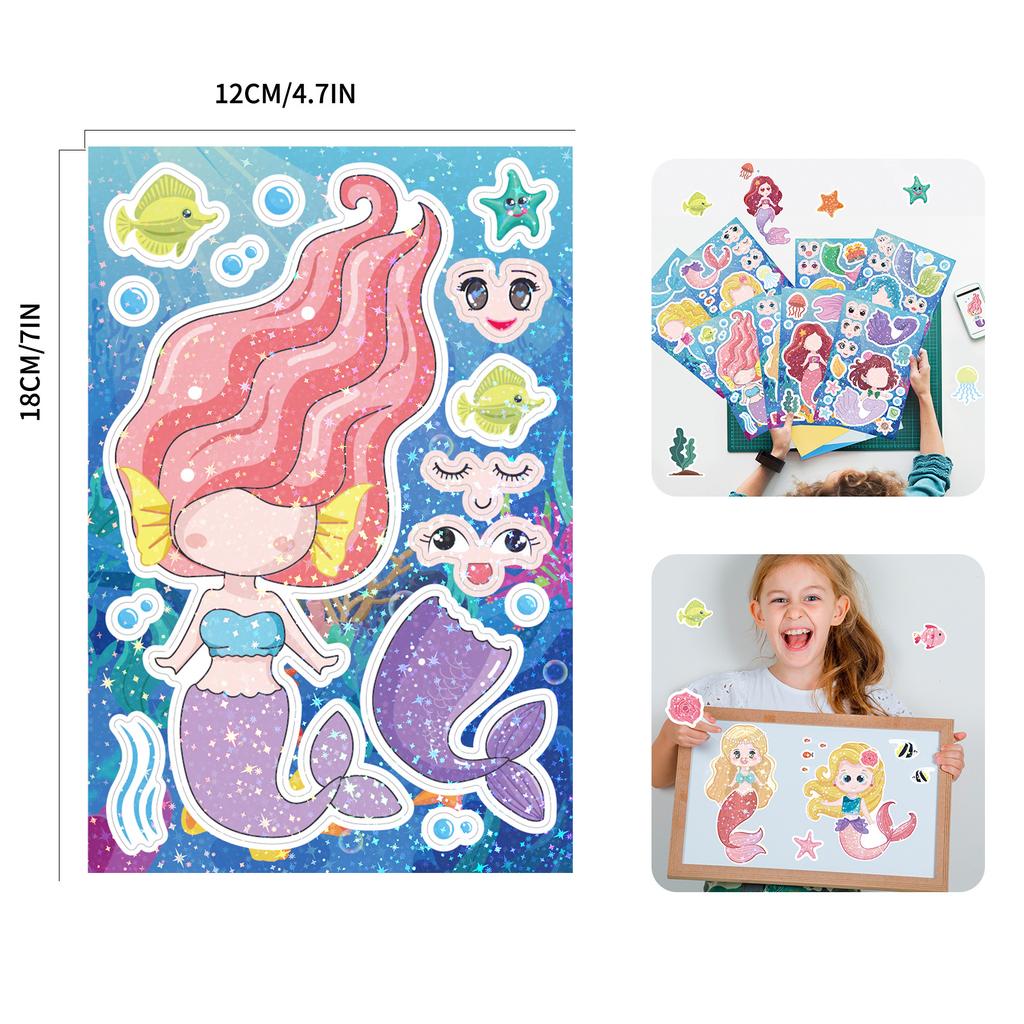 8Pcs Mermaid Face-Changing Stickers Cute Cartoon Designs Waterproof Stickers For Teen Girls' Parties Handmade Diy Birthday Gifts