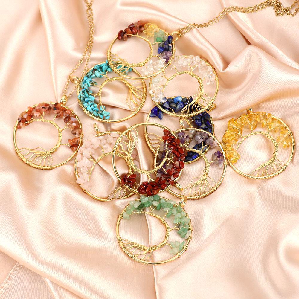 Gold Wire-Wrapped Tree of Life Necklace with Natural Crystal Crushed Stone
