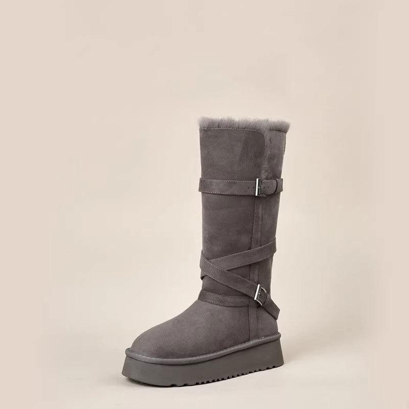 Real fur integrated warm thick-soled snow boots women's winter new buckle medium tube women's thickened cotton shoes