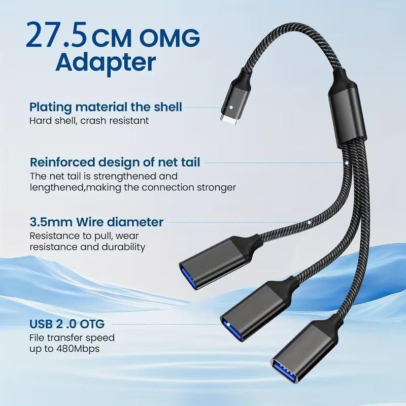 USB 1 to 3 extension cable 1-in-3-out USB-C 1 male to 3 female adapter USB multifunctional fast charging cable-C interface 3