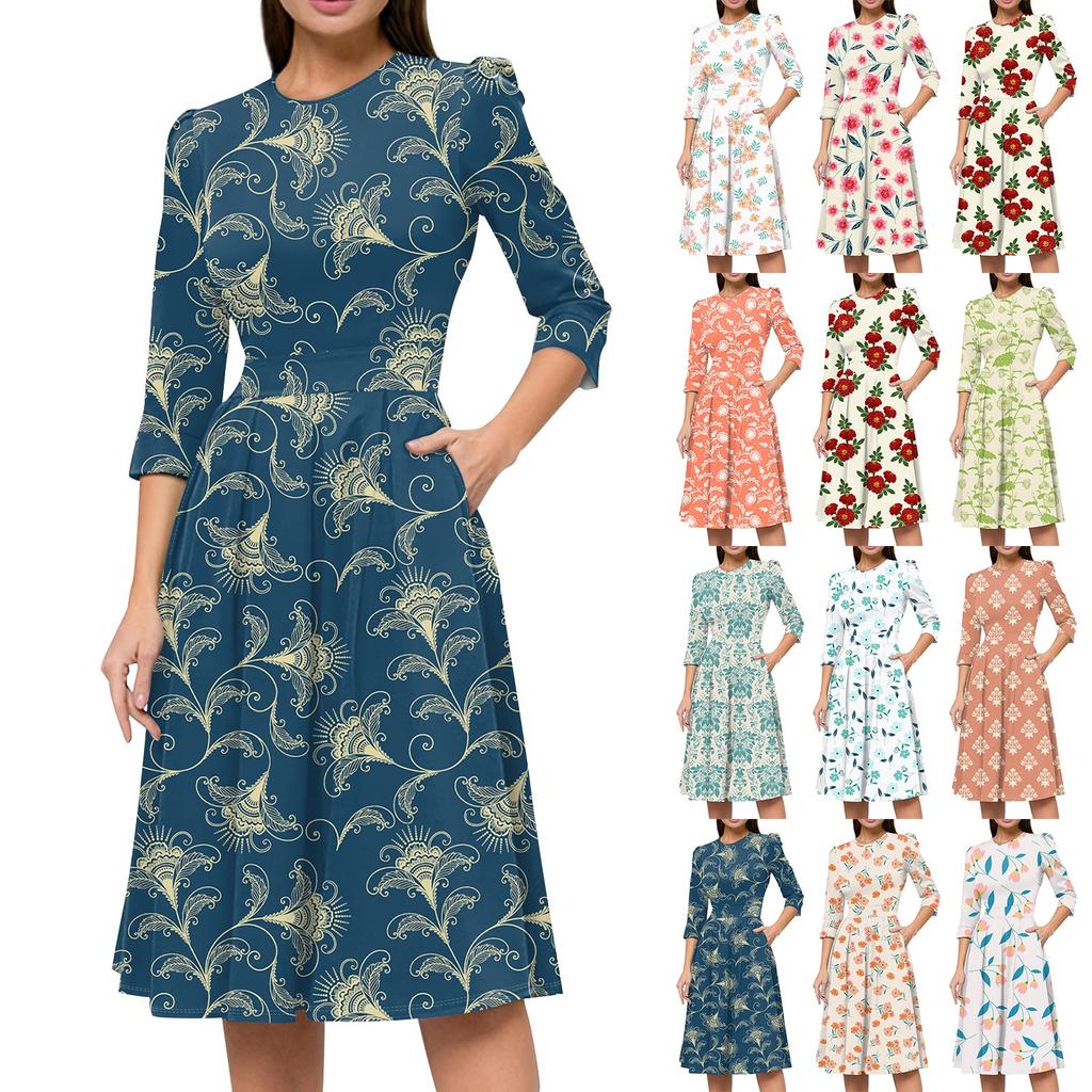 Lässiges und modisches Kleid für Damen mit Blumenmuster, 3/4-Ärmeln, Tasche und Reißverschluss auf der Rückseite