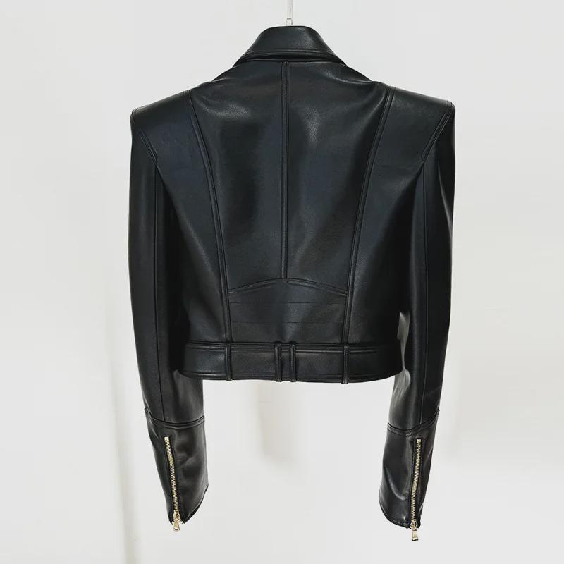 In Stock: Spring 2025 Celebrity Fashion Padded Shoulder Double-Breasted Short Motorcycle Leather Jacket