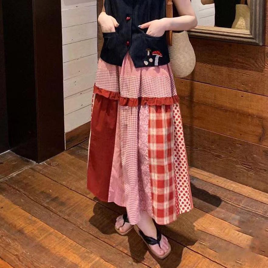 Women s French Retro Embroidered Denim Vest & Plaid Patchwork Skirt Set Large