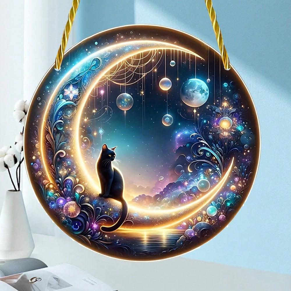 2D plochý akrylový lapač slunce s černou kočkou, měsíční barvení, závěs na okno, zahrada, dvůr, veranda, domov, nástěnná, pokojová dekorace