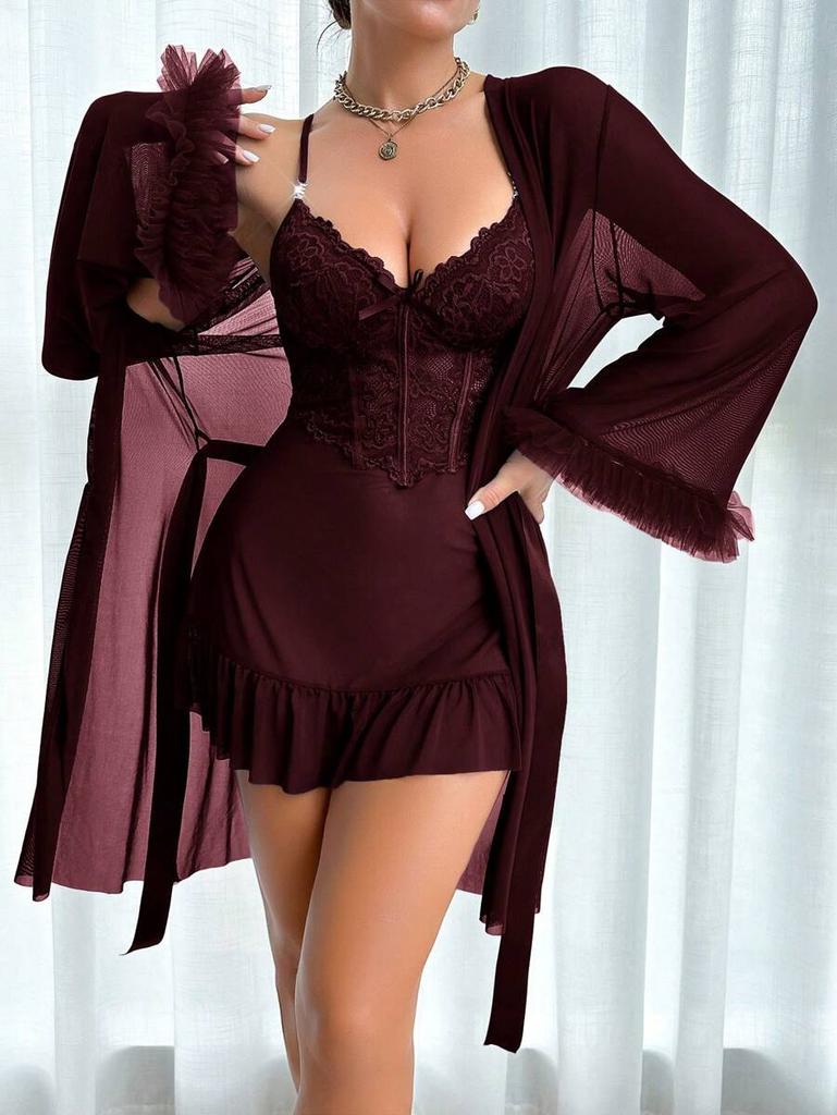 Women's lingerie nightgown sexy lace perspective seduction nightdress lace suspender set