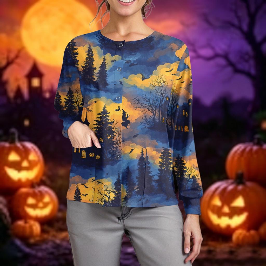 Women's Casual Long Sleeve Single Breasted Halloween Print Caregiver Cardigan Top Lightweight Comfortable Fit