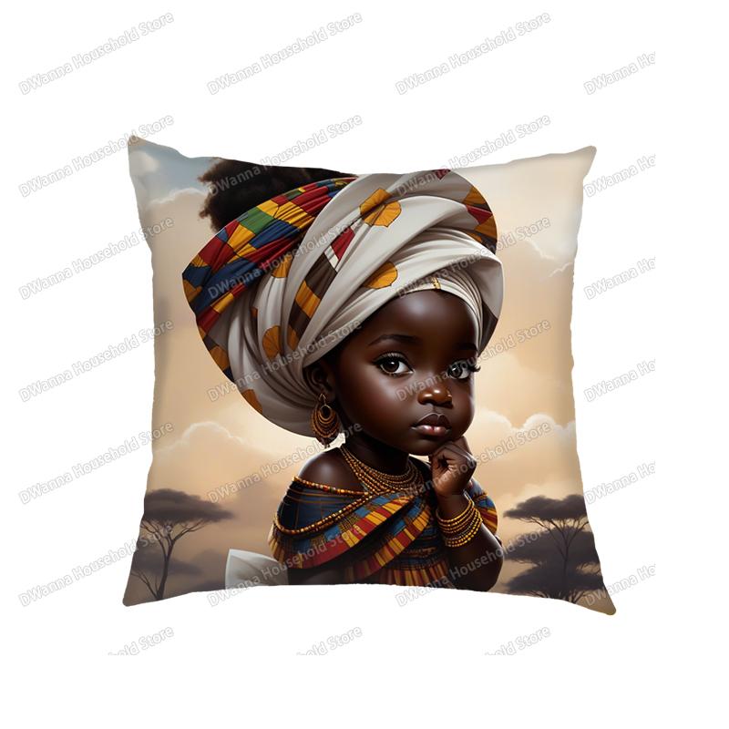 Cute Afro Princess With Cat Dog Print Cushion Covers African Girls Pillowcase Home Decor Seat Sofa Car Office Throw Pillow Cover